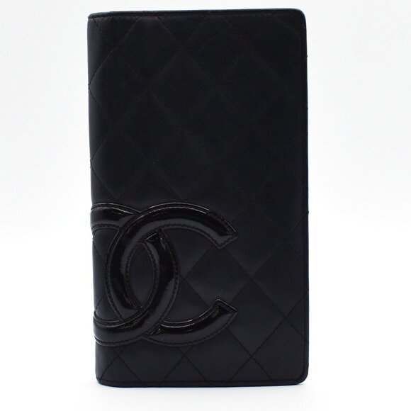 CHANEL CC Logo Cambon Long Bifold Wallet Purse Leather Black Pink Italy - Picture 1 of 5